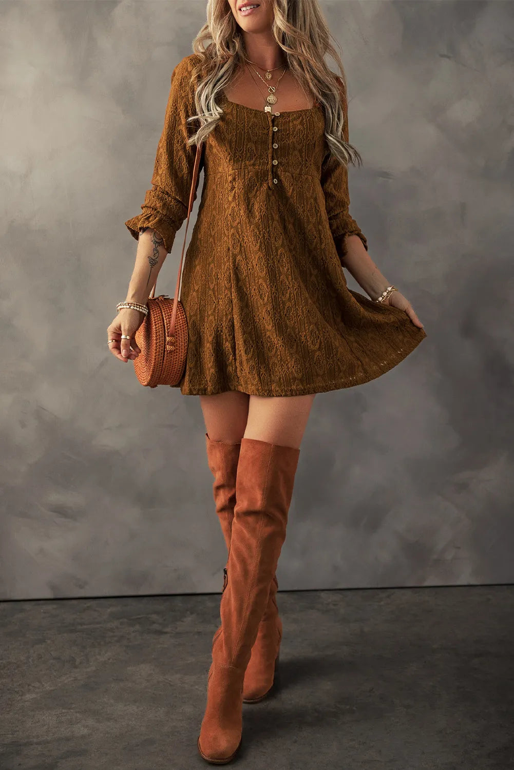 Textured Square Neck Mini Dress Trandify Deal