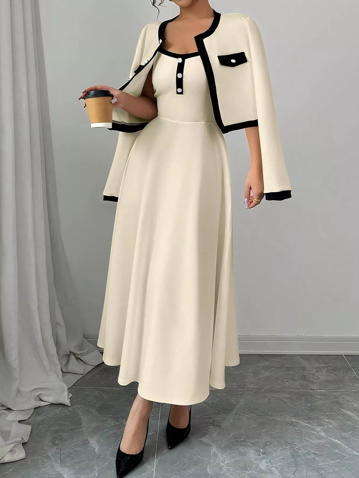 Contrast Trim Maxi Dress and Cardigan Set