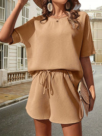 Waffle-Knit Half Sleeve Top and Shorts Set Trandify deal