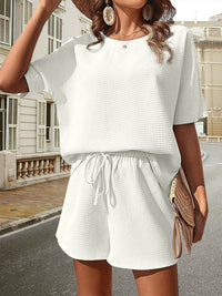 Waffle-Knit Half Sleeve Top and Shorts Set Trandify deal