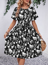 Printed Round Neck Short Sleeve Dress Trandify deal