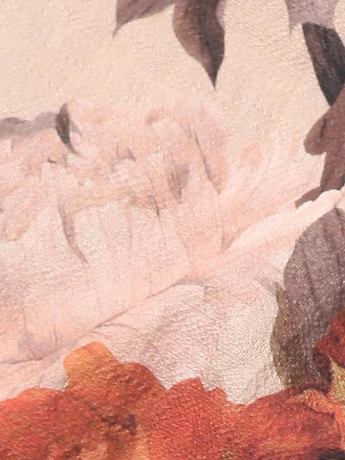 Close-up of smocked bodice and floral print on viscose dress