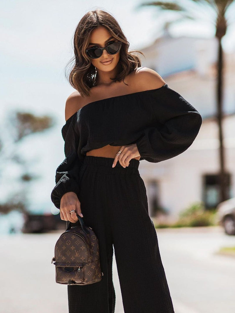 Off Shoulder Long Sleeve Top and Pants Set Trandify deal