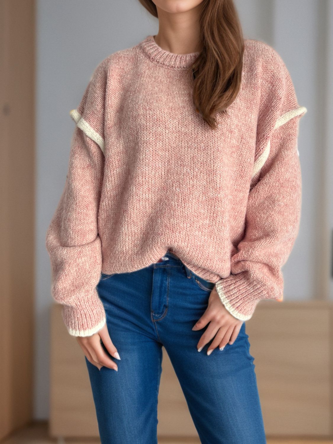 Contrast Trim Round Neck Dropped Shoulder Sweater Trandify Deal