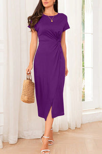 Slit Round Neck Short Sleeve Midi Dress Trandify deal