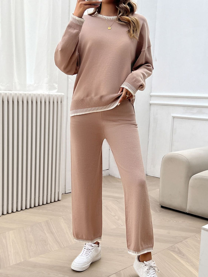 Devine Round Neck Dropped Shoulder Top and Pants Sweater Set Trandify Deal