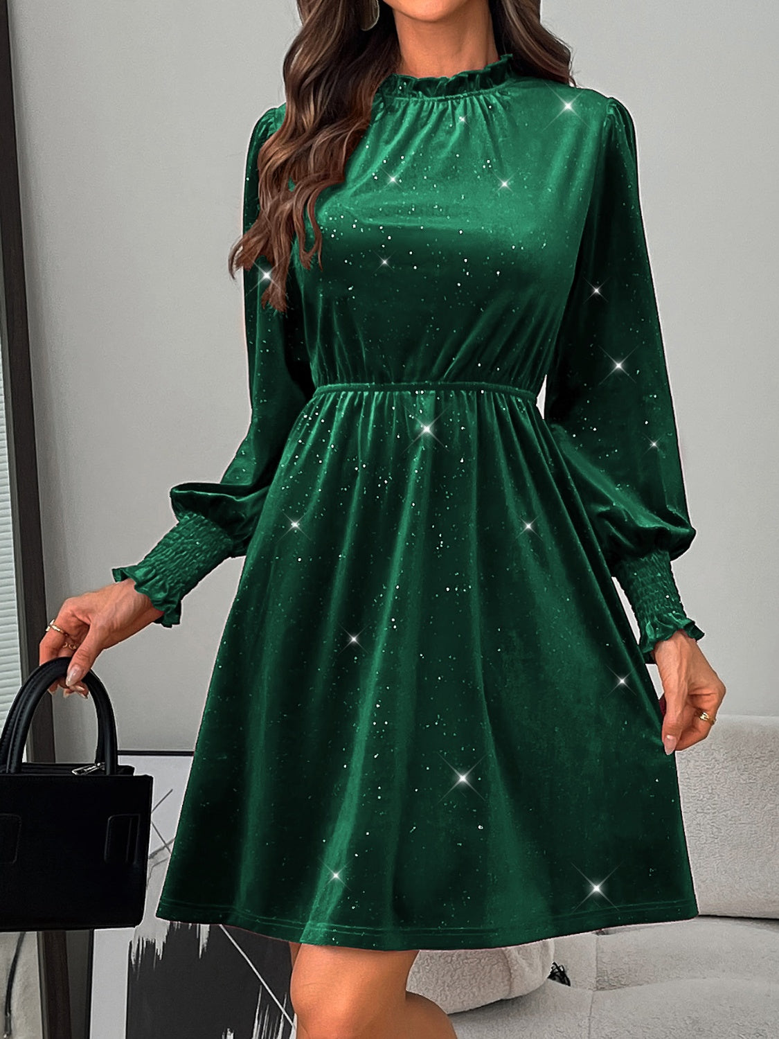 Glitter Mock Neck Long Sleeve Mini Dress Trandify Deal