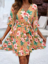 Devine Ruffled Printed Surplice Half Sleeve Mini Dress Trandify Deal