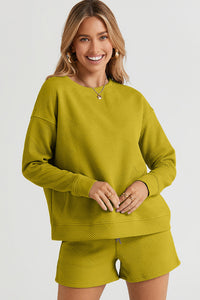 Double Take Full Size Texture Long Sleeve Top and Drawstring Shorts Set Trandify Deal