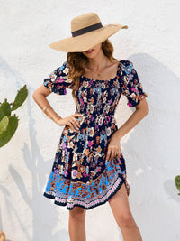 Printed Square Neck Short Sleeve Dress Trandify deal