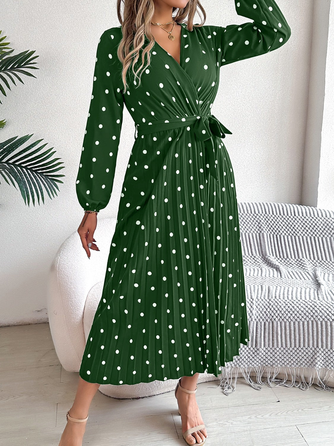 Tied Polka Dot Long Sleeve Midi Dress Trandify deal