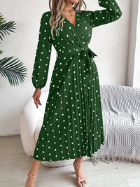 Tied Polka Dot Long Sleeve Midi Dress Trandify deal
