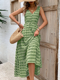 Perfee Printed V-Neck Tie Waist Midi Dress - Trandify Deal