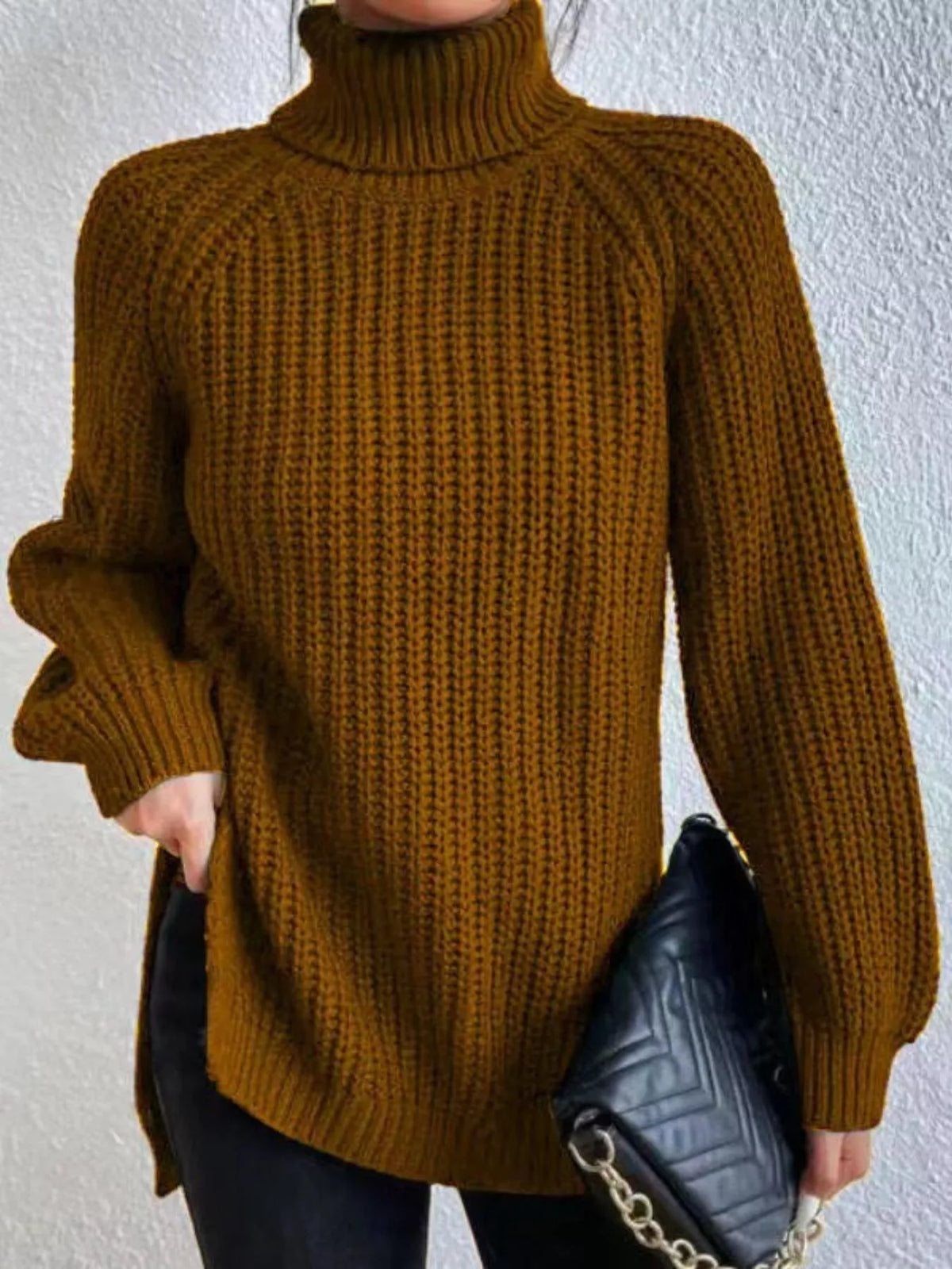 Plus Size Turtleneck Sweater - Ribbed Long Sleeve Top