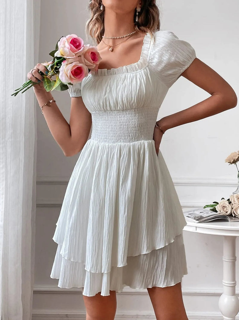 Off-Shoulder Smocked Waist Flowy Mini Dress for Women – Boho Summer Fashion