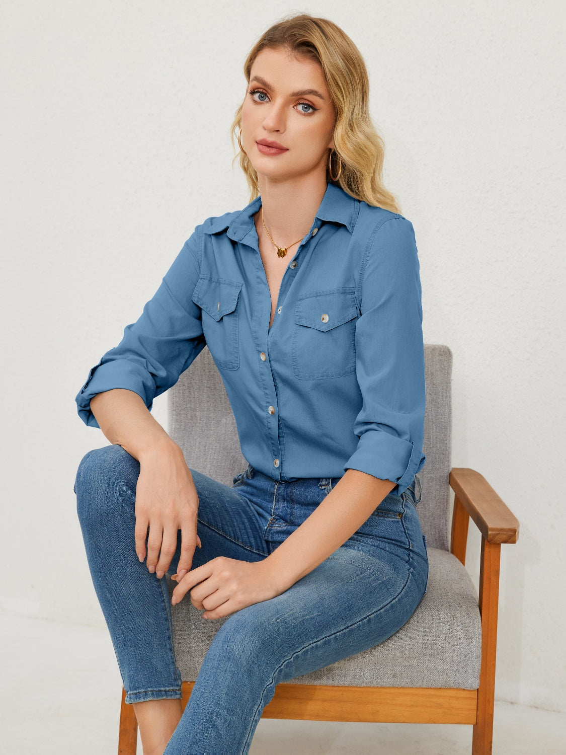 Pocketed Button Up Long Sleeve Denim Shirt Trandify deal