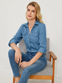 Pocketed Button Up Long Sleeve Denim Shirt Trandify deal