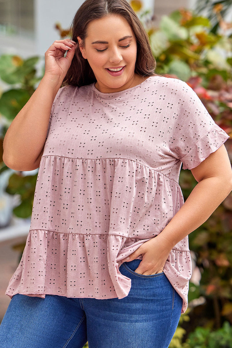 Plus Size Eyelet Round Neck Short Sleeve Blouse Trandify deal