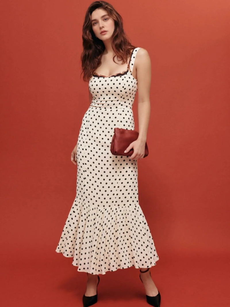 Polka Dot Sweetheart Neckline Maxi Dress for Women – Flowy Summer Party Dress