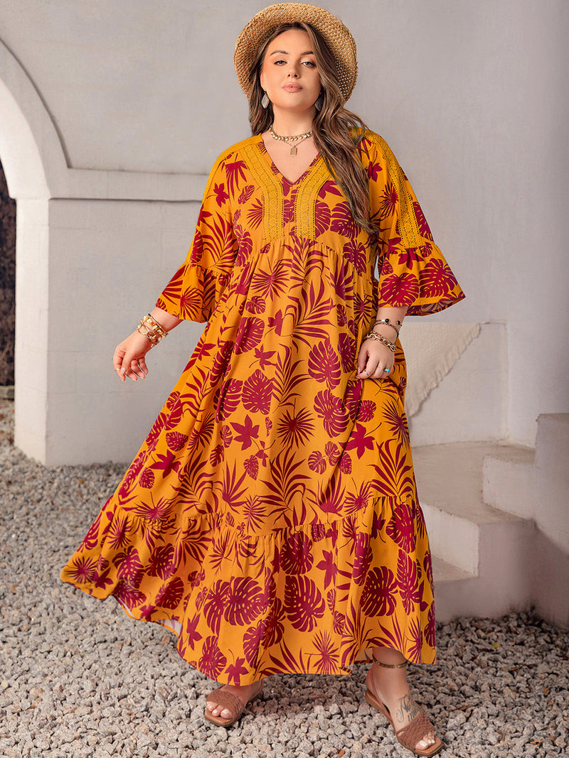 Plus Size Lace Detail Printed V-Neck Maxi Dress Trandify Deal