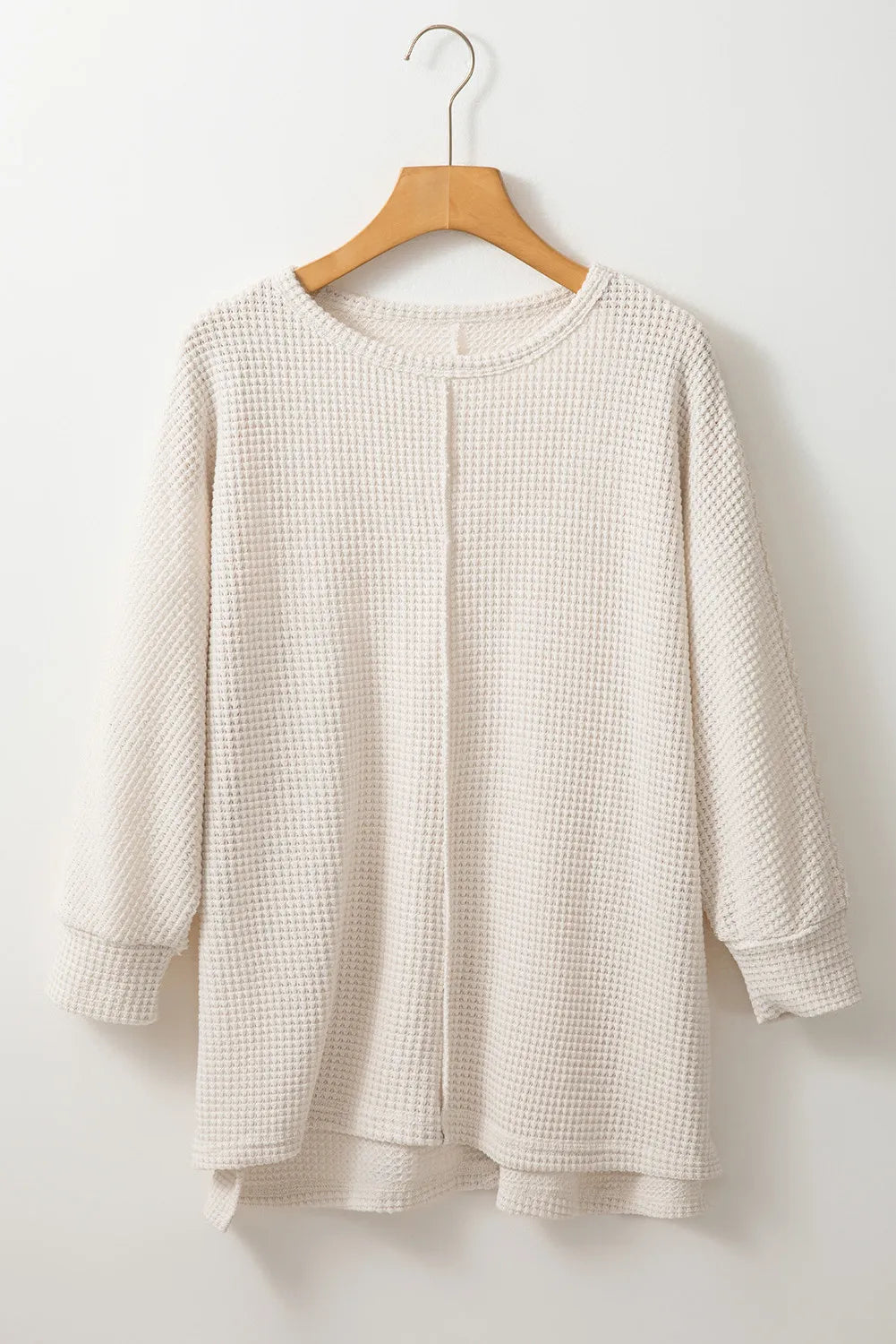 Waffle-Knit Slit Round Neck Long Sleeve Top - Trandify Deal