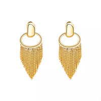 18K Gold Plated Fringe Chain Earrings dangling from a model's ear, showcasing the elegant gold finish and dynamic movement.