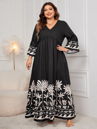 Plus Size Printed V-Neck Long Sleeve Maxi Dress Trandify Deal