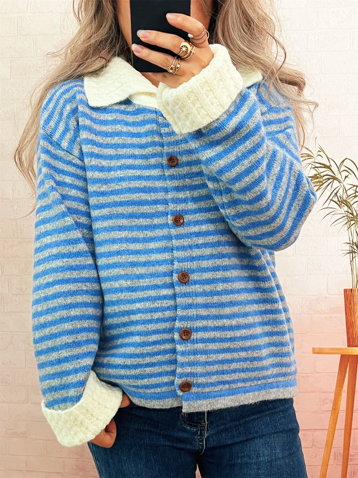 Women's Striped Knit Cardigan - V-Neck Button Down