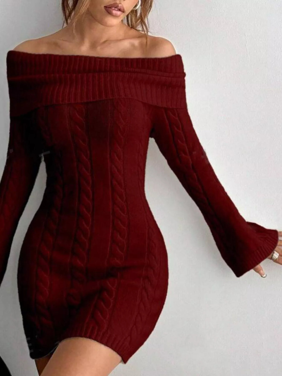 Off-Shoulder Cable Knit Sweater Dress