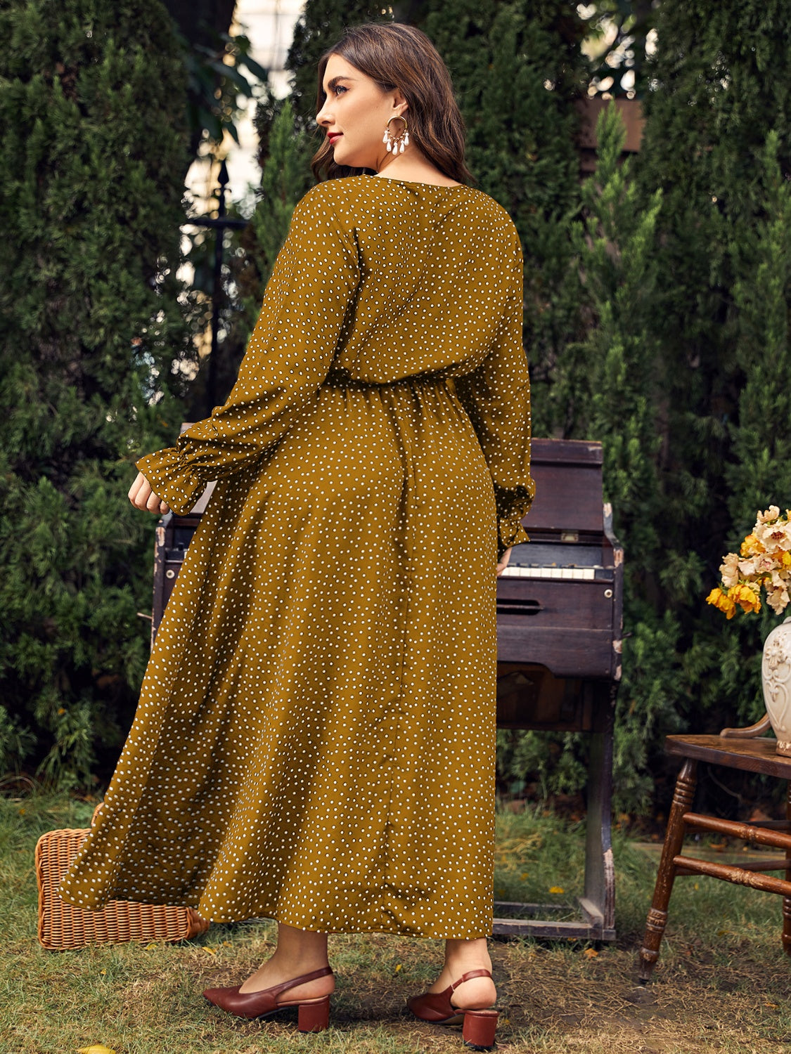 Plus Size Ruffled Polka Dot Long Sleeve Midi Dress Trandify Deal