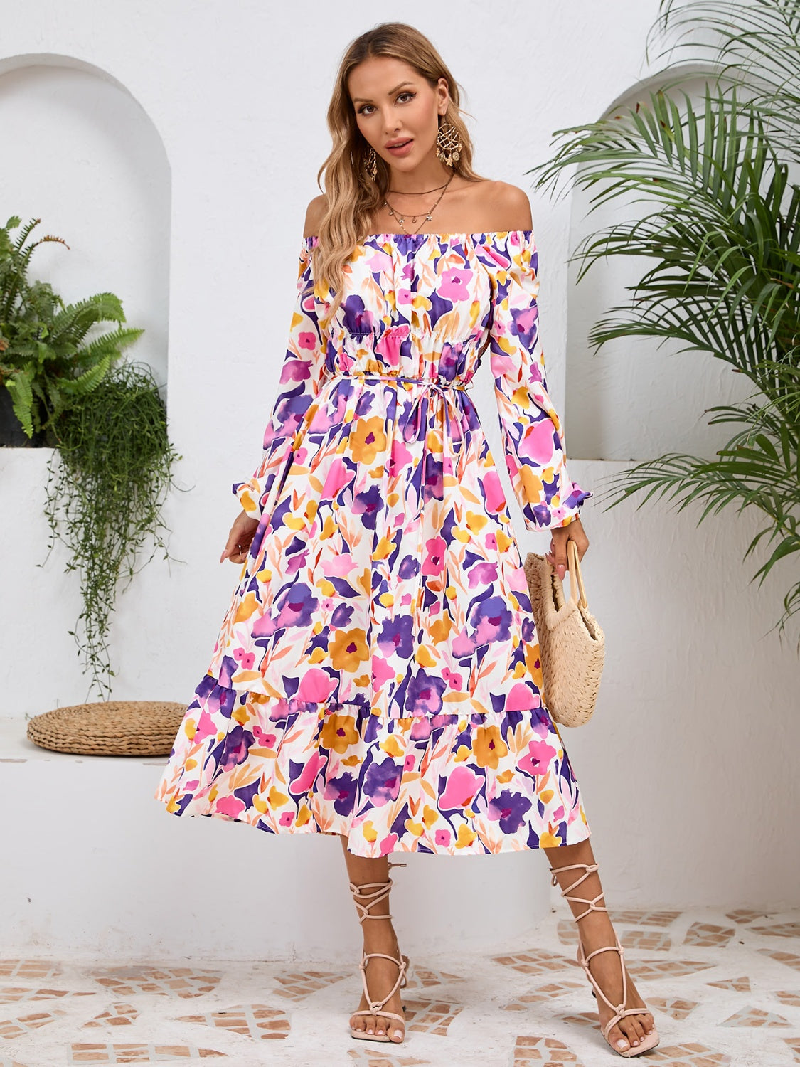 Printed Long Sleeve Midi Dress Trandify Deal