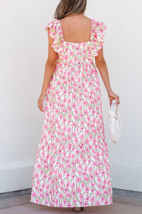Floral Print Square Neck Ruffled Cap Sleeve Maxi Dress - Trandify deal