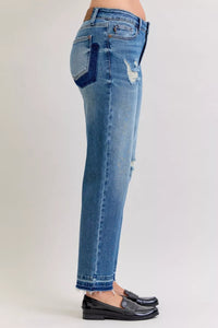 Women's Distressed Jeans | Mid Rise Patch & Repair Boyfriend Fit