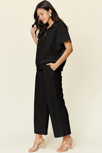 Double Take Full Size Texture Half Zip Short Sleeve Top and Pants Set - Trandify Deal