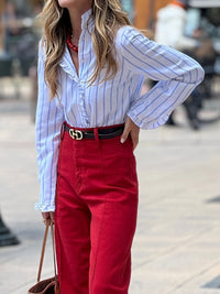 Trendy striped women's blouse with frill detail – long sleeve casual top for 2025 fashion
