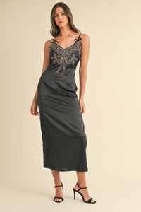 Mable Embroidered Cami Satin Midi Slit Dress Trandify Deal