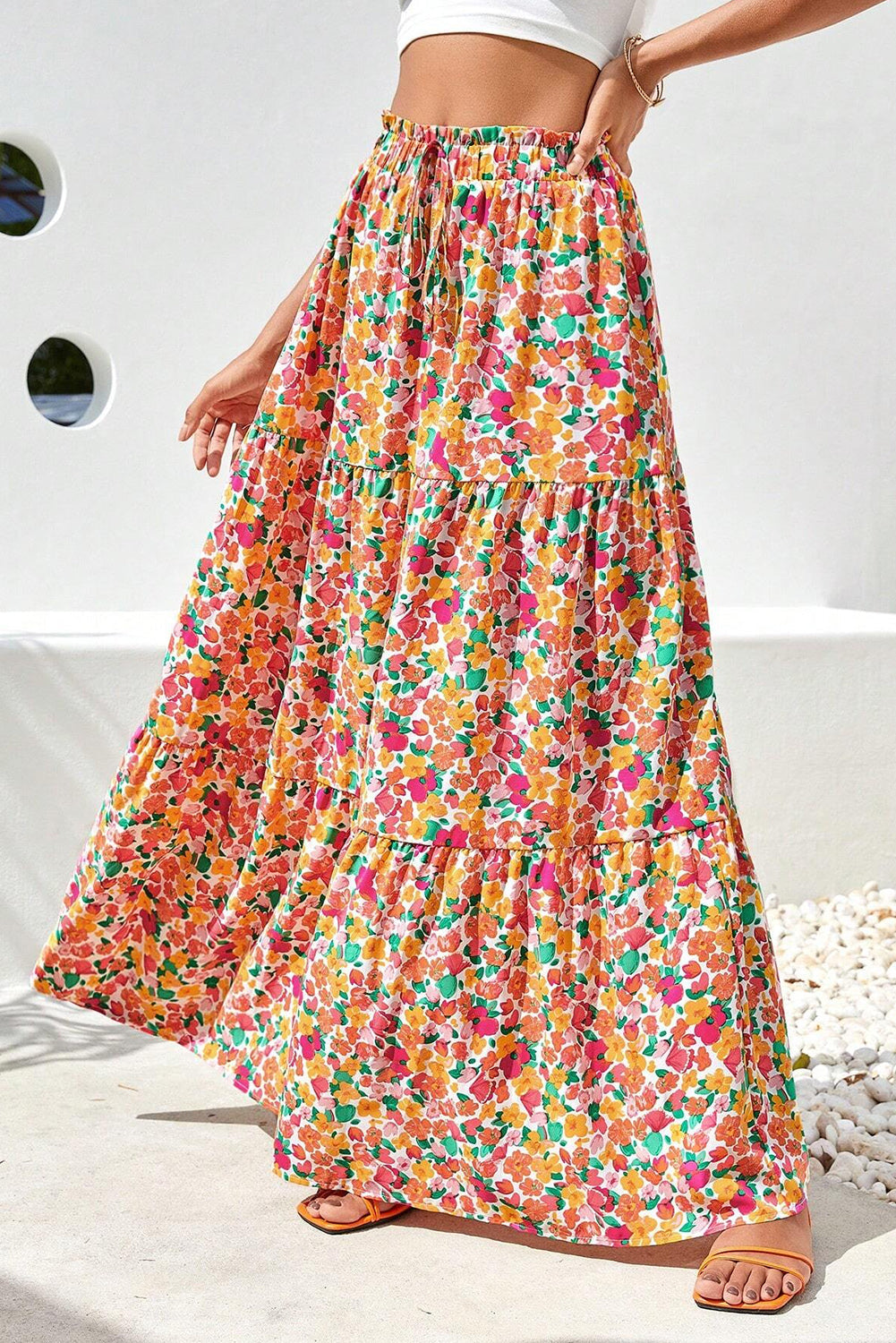 Printed Elastic Waist Maxi Skirt Trandify deal