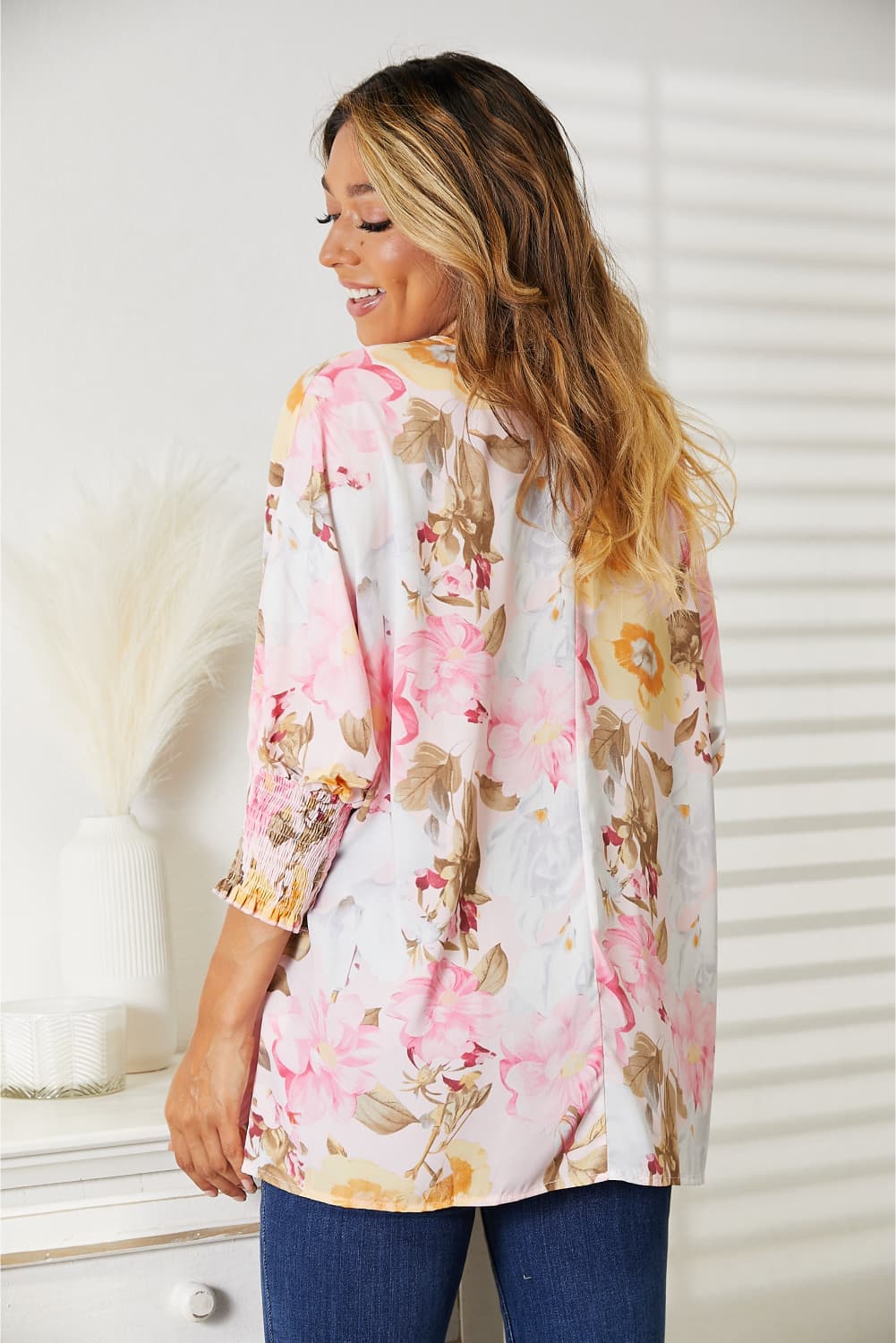 Double Take Floral Round Neck Three-Quarter Sleeve Top Trandify Deal
