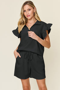 Double Take Full Size Texture Flounce Sleeve Top and Drawstring Shorts Set - Trandify Deal