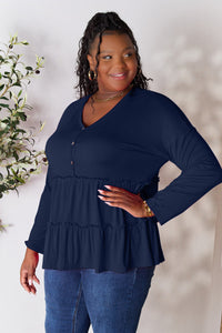 Double Take Half Button Long Sleeve Ruffle Hem Blouse Trandify Deal