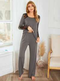 Lace Detail Long Sleeve Top and Pants Lounge Set Trandify Deal