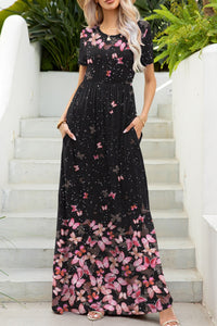 Printed Round Neck Short Sleeve Maxi Dress Trandify deal