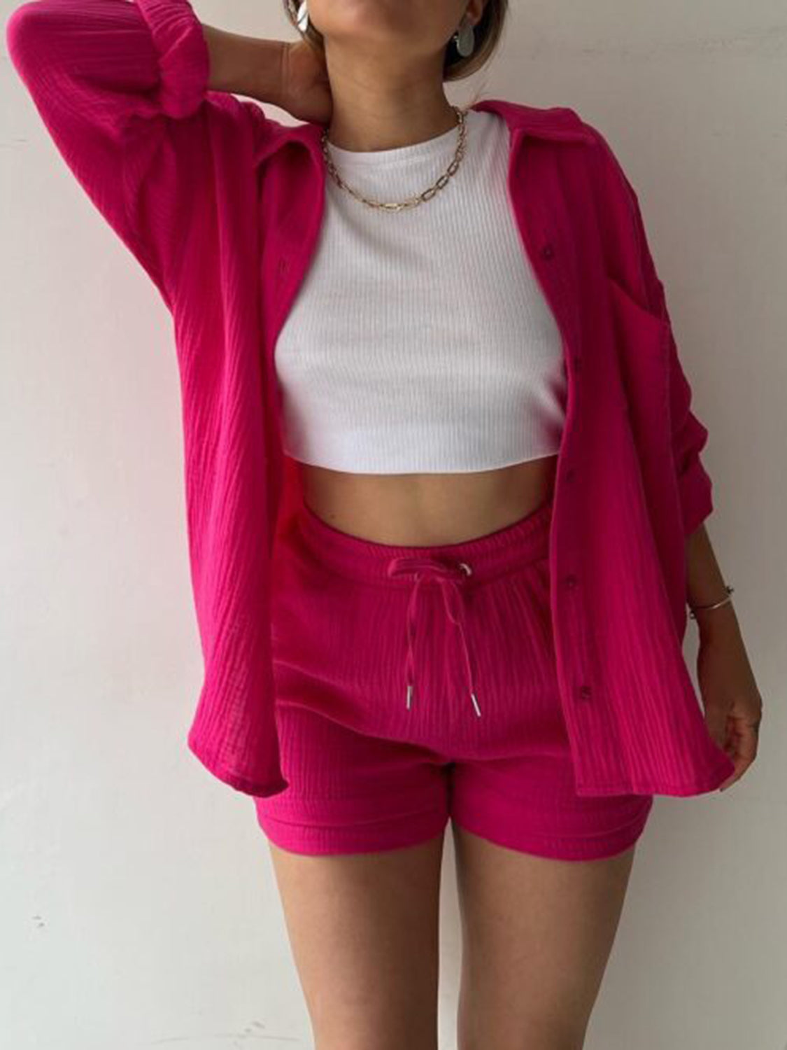 Texture Button Up Shirt and Drawstring Shorts Set Trandify deal