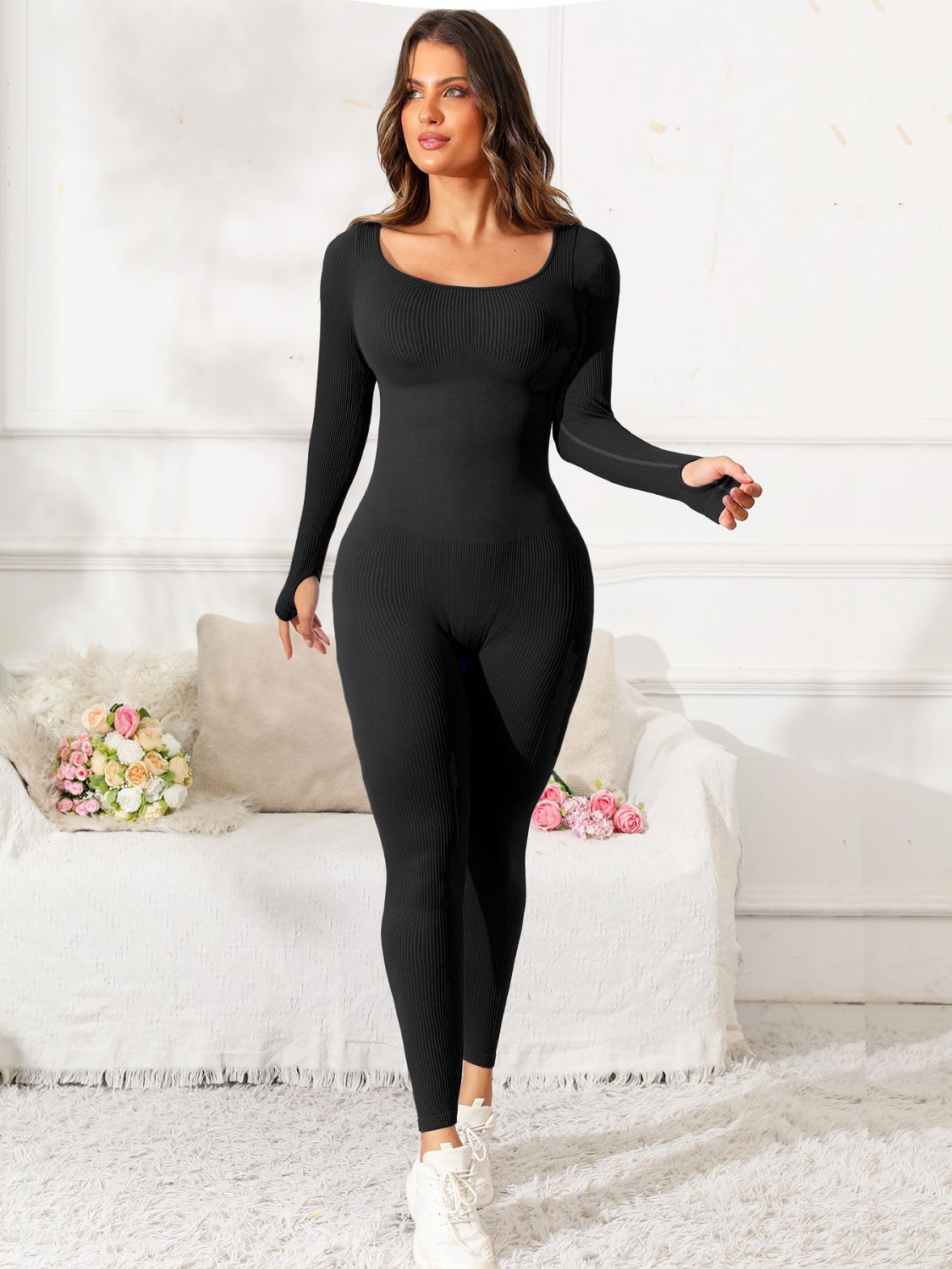 Scoop Neck Long Sleeve Active Jumpsuit Trandify Deal