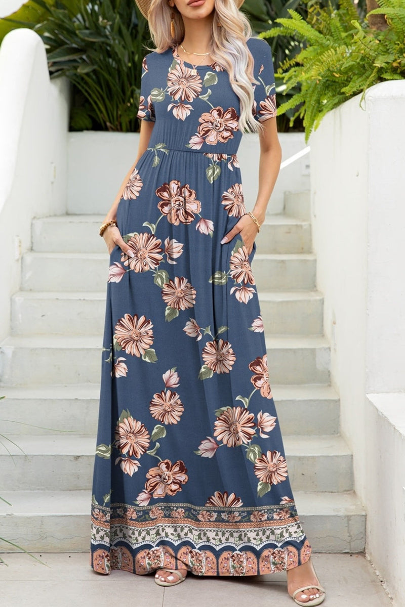 Printed Round Neck Short Sleeve Maxi Dress Trandify deal