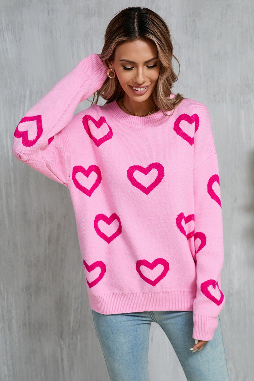 Angel Wings Heart Round Neck Dropped Shoulder Long Sleeve Sweater Trandify Deal