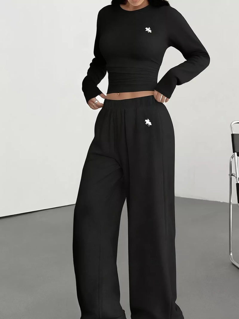 Women's Two-Piece Outfit - Casual Long Sleeve Top & Wide Leg Pants Set