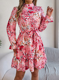 Printed Mock Neck Flounce Sleeve Mini Dress Trandify deal