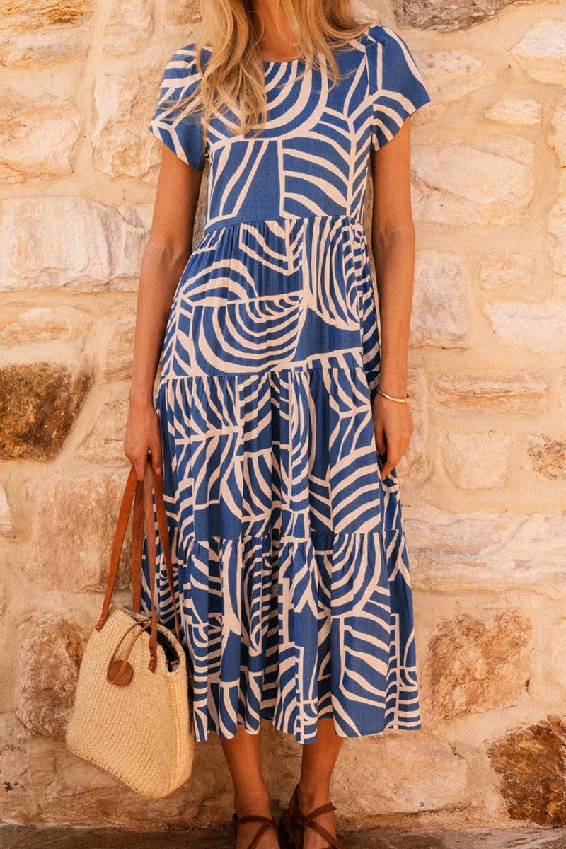 Tiered Printed Round Neck Short Sleeve Dress Trandify deal