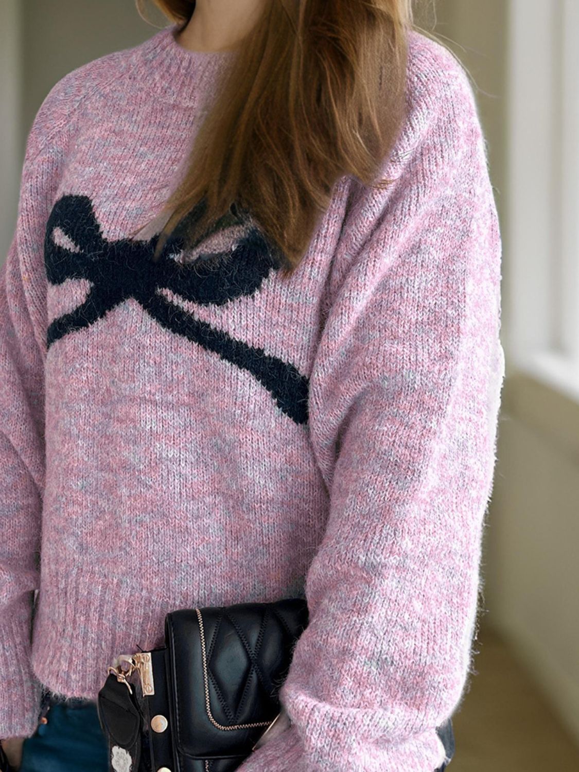 Bow Round Neck Long Sleeve Sweater Trandify Deal
